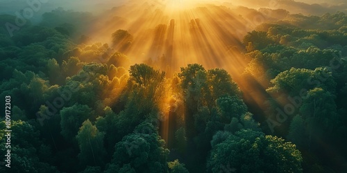 Majestic Woodland at Sunrise. Aerial Photograph with Light Rays coming through Trees. Nature Background. #809172303