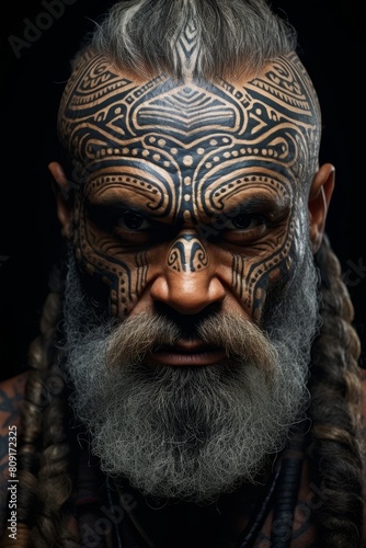 Intense facial tattoo design on bearded man