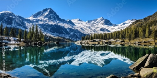 Serene mountain lake with snow-capped peaks reflected in the calm waters