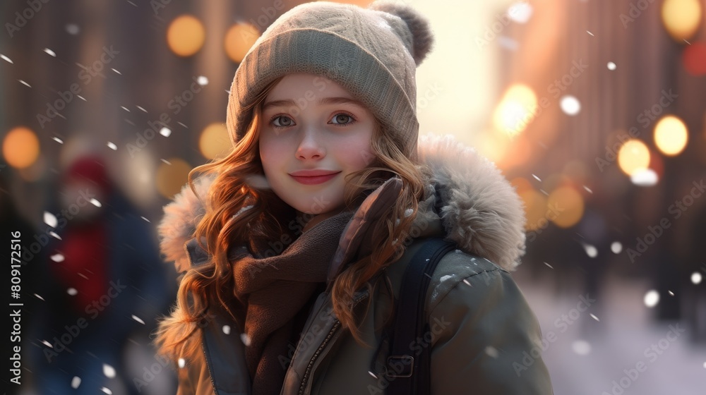 young woman in winter coat and hat smiling in snowy scene