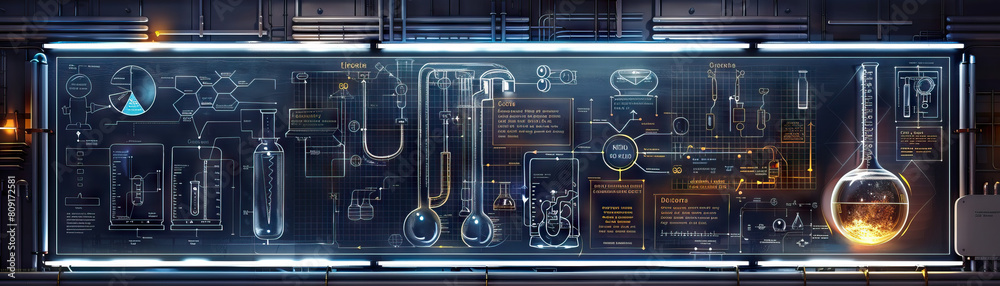 Chemical Engineer's Wall: Displaying chemical process diagrams, equipment schematics, and a board with safety procedures Chemical Engineer's Wall: Displaying chemical process diagrams, equipment schematics, and a board with safety procedures