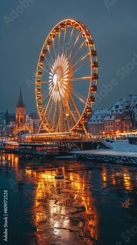 Germany, Bavaria, Wurzburg, Multiple exposure of spinning Ferris wheel at night
