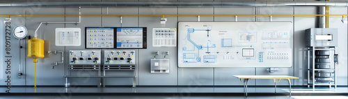 Chemical Engineer's Wall: Displaying chemical process diagrams, equipment schematics, and a board with safety procedures photo
