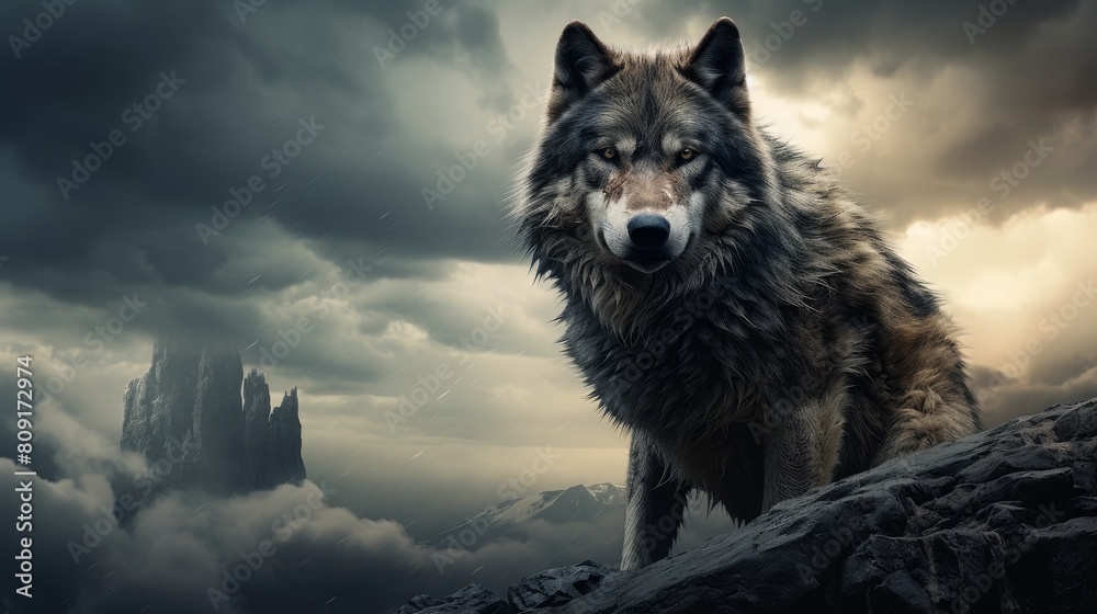 Majestic wolf on a rocky mountain peak Majestic wolf on a rocky mountain peak