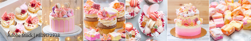 Collage with pink desserts, cupcakes, cakes, marshmallow, sweets, candies