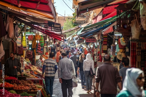 A diverse group of people walking through a bustling market street filled with vendors and shoppers, A busy market street thronged with shoppers and vendors © Iftikhar alam