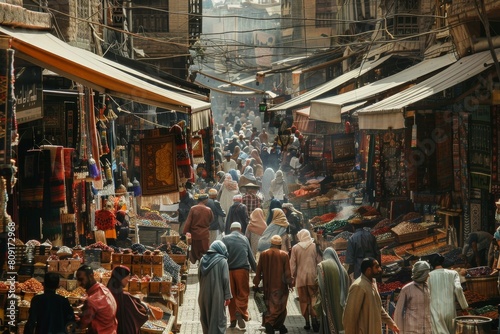 Wallpaper Mural Crowd of shoppers walking down a bustling street lined with various shops, A busy market street thronged with shoppers and vendors Torontodigital.ca