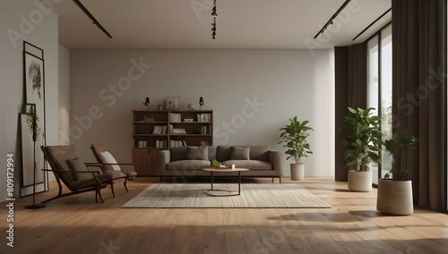 Generate a highly realistic image of a completely empty room, in a minimalist style, showcasing a modern design, only carpet and wood floor, and floor lamp. There should only be a bookshelf, only one 