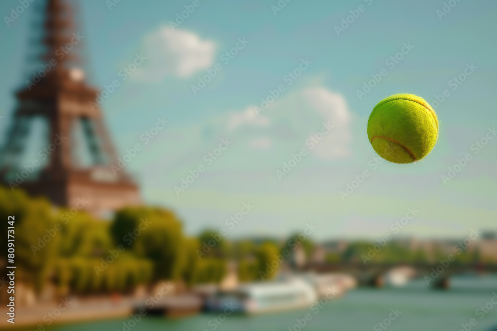 tennis ball with blurry background of the Eiffel Tower in Paris