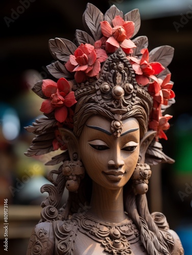 ornate asian deity statue with floral crown