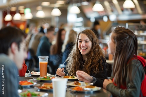 A group of individuals gathered around a table  enjoying a meal and engaging in conversation  A cacophony of laughter and chatter during lunchtime in the cafeteria