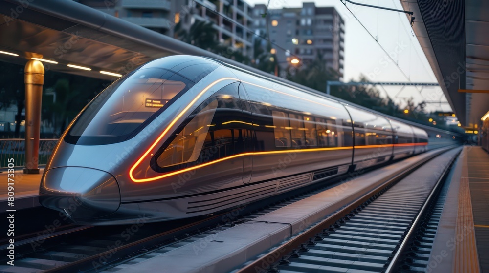 The prompt is:.A sleek silver and orange train is shown at a station. The prompt is:.A sleek silver and orange train is shown at a station.