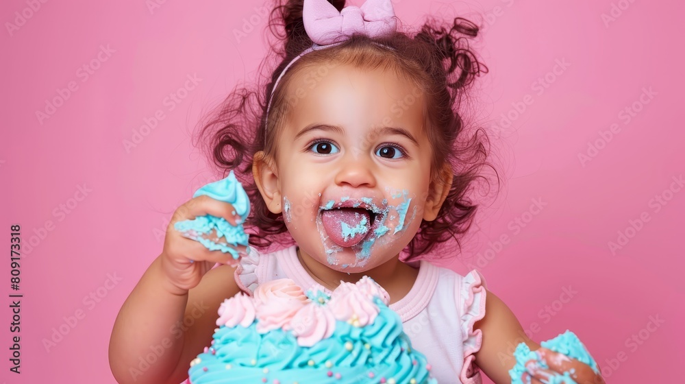   A young girl, her face smeared with blue frosting, holds a cake adorned with a bow atop it