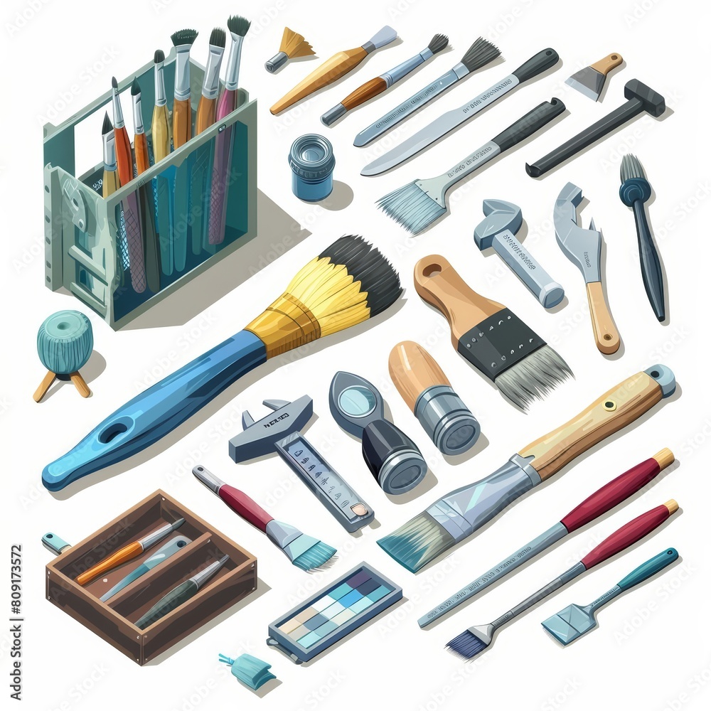 A painting isometric set of tools, each one designed with precision for specific tasks, model isolated white background A painting isometric set of tools, each one designed with precision for specific tasks, model isolated white background