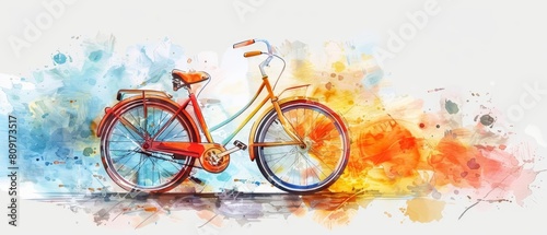 A lovely watercolor of a bicycle, vibrantly showcasing its cheerful colors, isolated concept minimal with white background © JK_kyoto