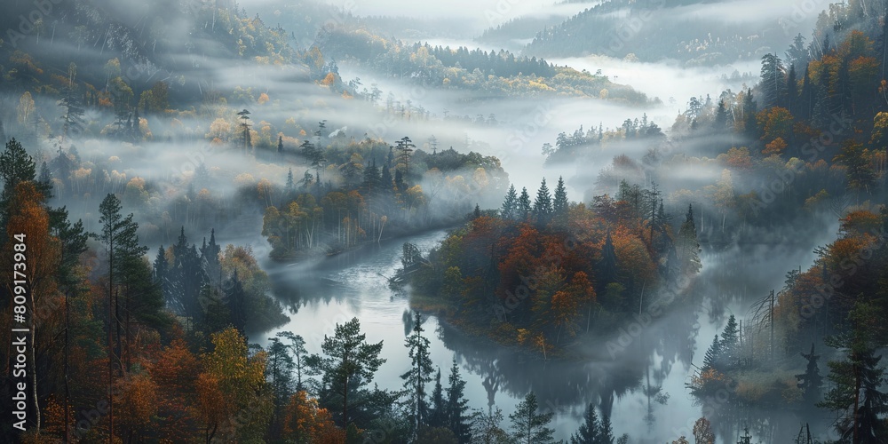 Landscape of a forest valley with a river covered in fog in the morning**** Landscape of a forest valley with a river covered in fog in the morning****