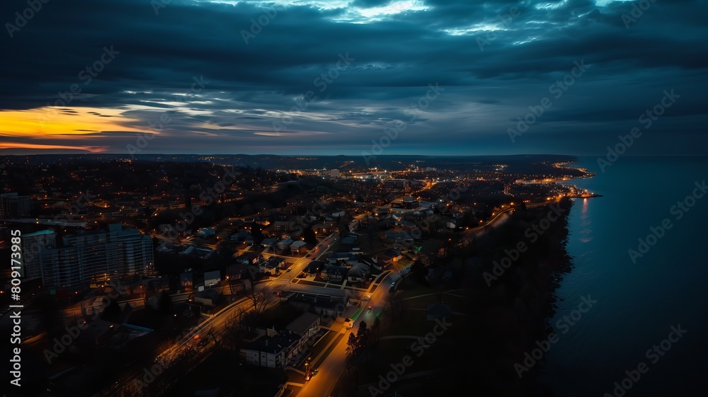Fototapeta premium Photo of city lights of Los Angeles on the horizon at night from a drone.
