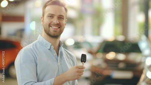 Homem segurando a chave de um carro em uma concessionaria  