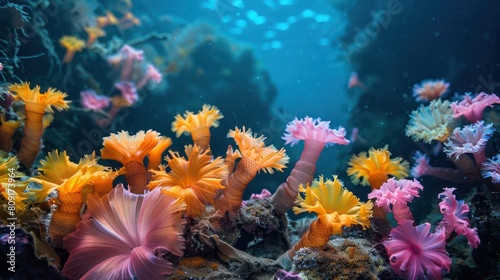Underwater scene of a coral reef with colorful sea anemones and fish