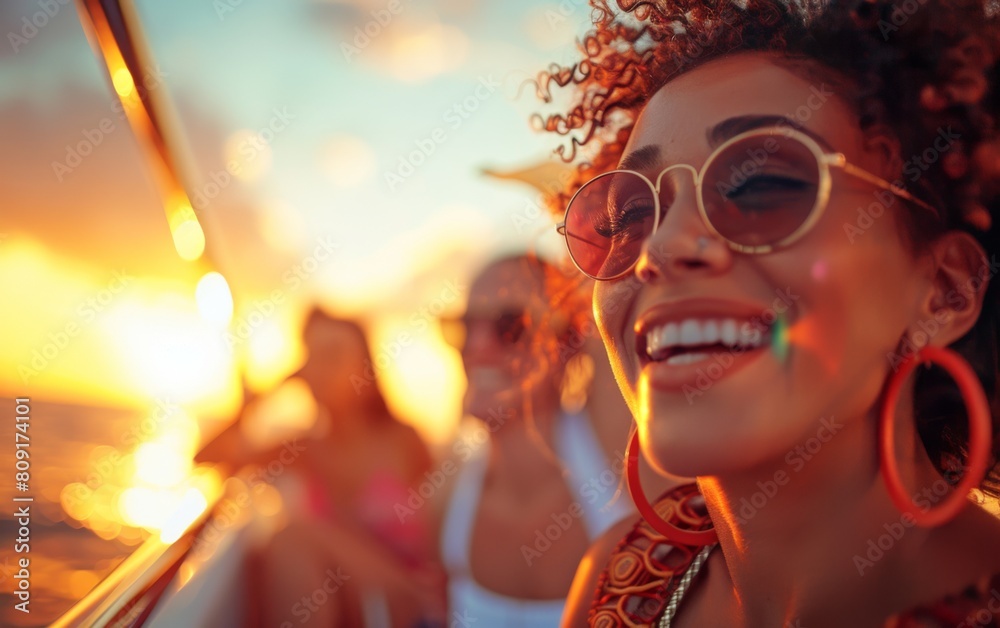 A woman wearing sunglasses is smiling while riding a boat on the water A woman wearing sunglasses is smiling while riding a boat on the water