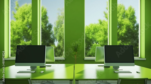 Escritório verde com computadores - wallpaper  photo