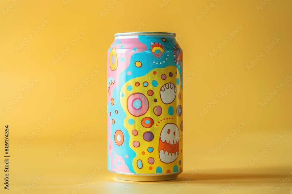 A soda can with a whimsical label stands on a bright yellow background, A can of pop with a whimsical label featuring playful characters A soda can with a whimsical label stands on a bright yellow background, A can of pop with a whimsical label featuring playful characters