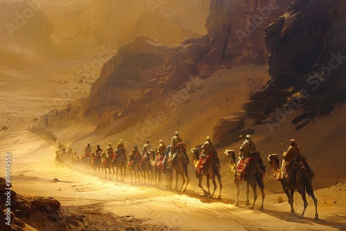 Group of individuals riding on horses in a caravan formation while traveling across the desert, A caravan of traders making their way across the desert on camelback photo