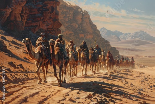 A caravan of traders traveling across the desert on camelback  A caravan of traders making their way across the desert on camelback