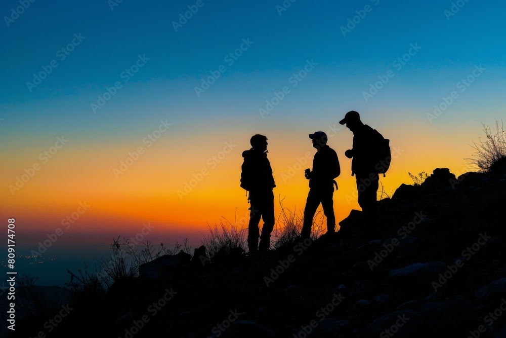 silhouette of three people talking at dusk on top of the mountain Generative AI silhouette of three people talking at dusk on top of the mountain Generative AI
