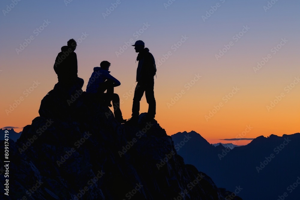 Silhouette of three people talking at dusk on top of mountain Generative AI