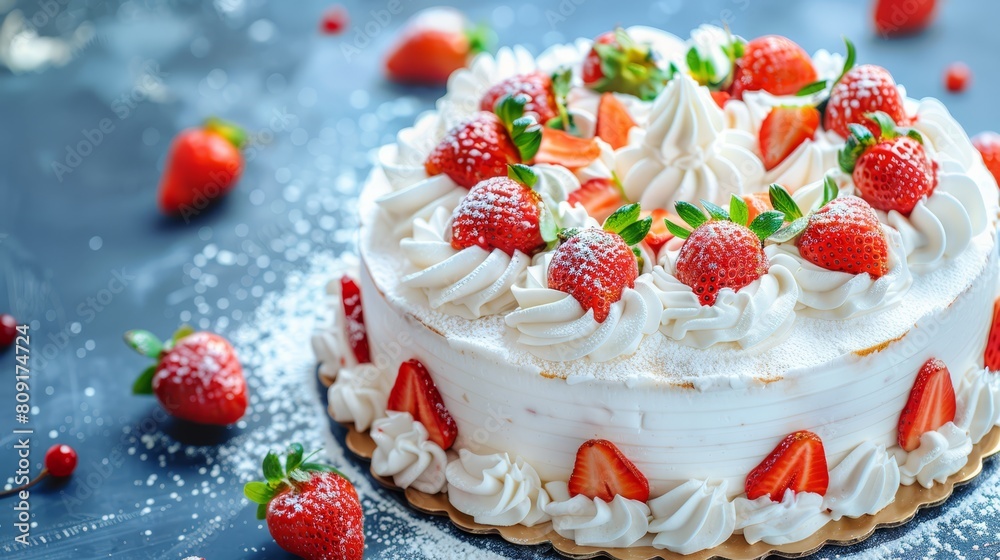 A tight shot of a cake on a table, adorned with strawberries atop and nestled beneath A tight shot of a cake on a table, adorned with strawberries atop and nestled beneath