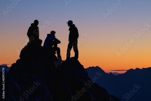 Silhouette of three people talking at dusk on top of mountain Generative AI