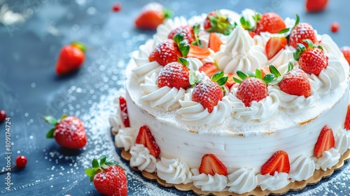  A tight shot of a cake on a table, adorned with strawberries atop and nestled beneath