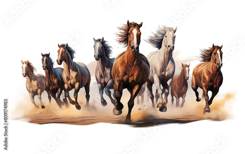 a group of horses running in desert  
