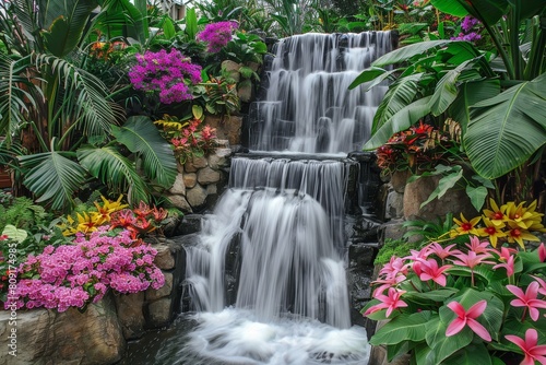 A cascading waterfall surrounded by vibrant tropical plants and colorful flowers in a lush jungle setting  A cascading waterfall surrounded by tropical plants and vibrant blooms