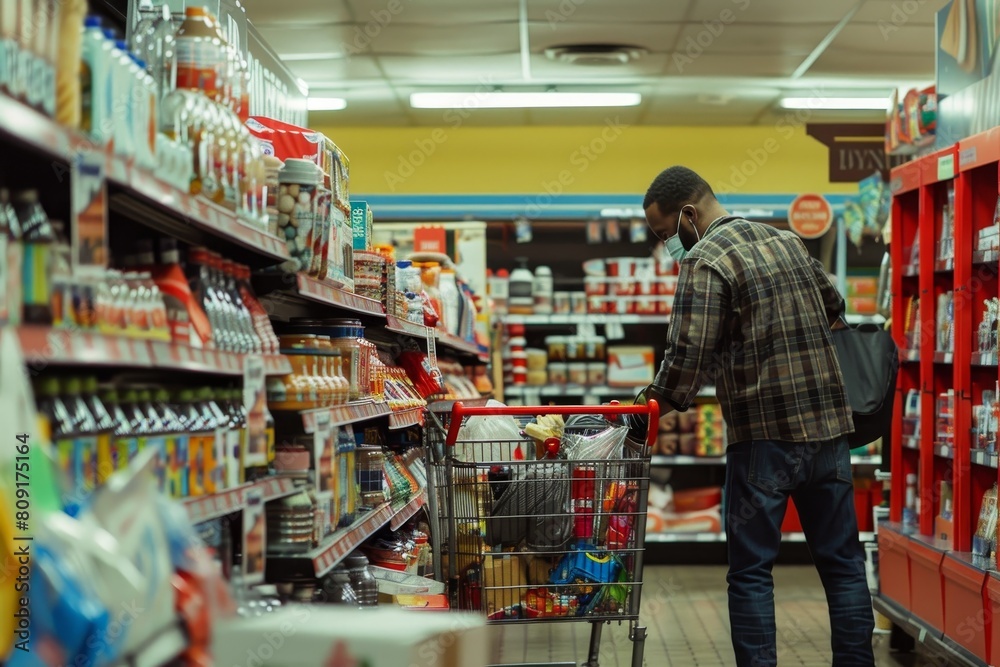 Naklejka premium A man is browsing and selecting items in a grocery store while pushing a cart, A cashier ringing up a cart filled with an assortment of items