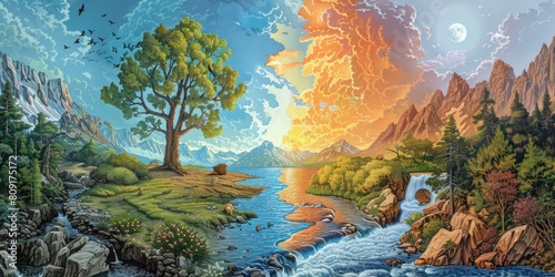 A beautiful landscape painting of a river flowing through a valley  with mountains in the background  and a large tree in the foreground.