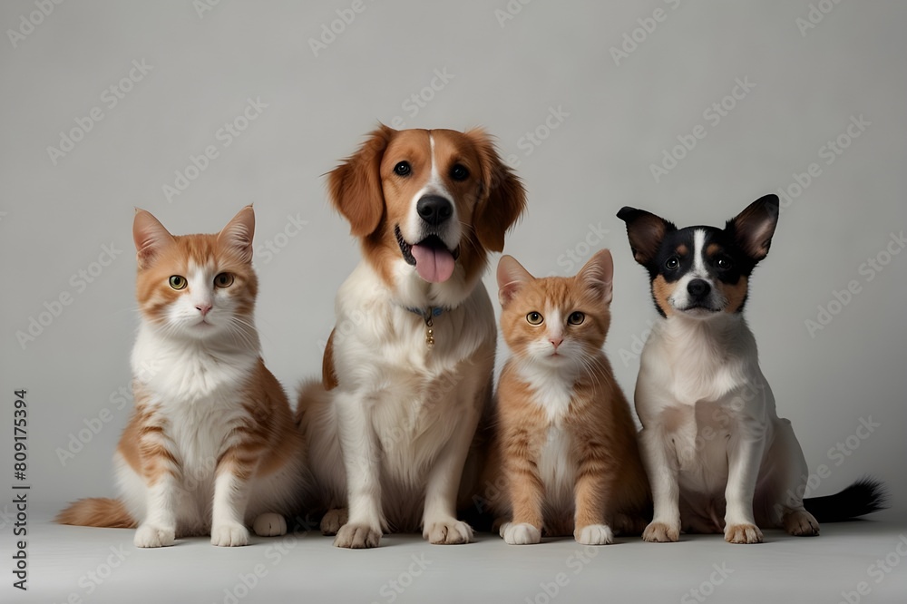 Group of pets sitting in front of white background Group of pets sitting in front of white background