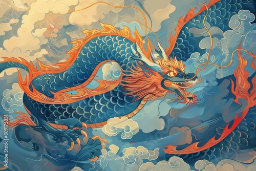Chinese art style creative design harnesses the power of dragons in renewable energy projects, symbolizing strength and sustainability in an illustration template