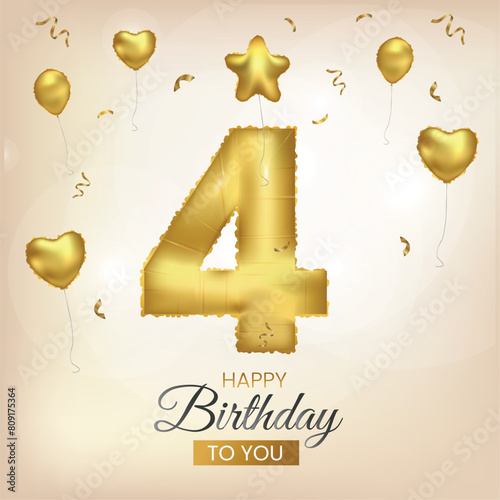 Happy 4th birthday gold foil balloon greeting background. 4 years anniversary illustration