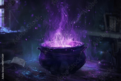 A pot bubbling with purple flame, emitting an eerie glow, A cauldron bubbling with mysterious potions