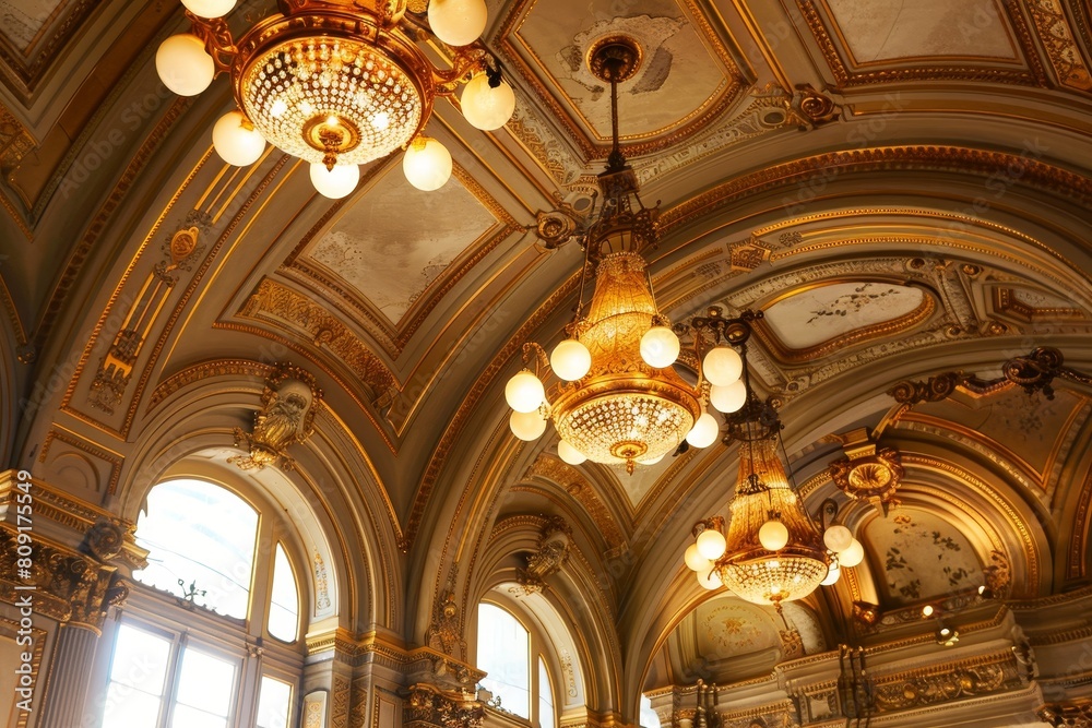 Ornate chandelier hanging from the ceiling of a large room with intricate details, A ceiling adorned with ornate chandeliers and intricate moldings