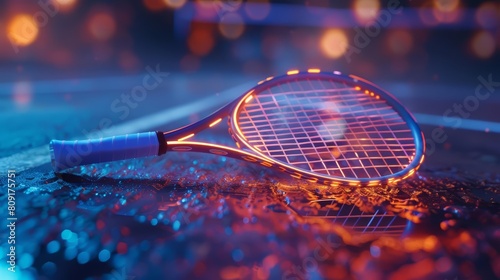 Colorful Glow HUD icon of a tennis racket, representing the precision and agility required in sports with a very blurry backdrop of a clay court photo