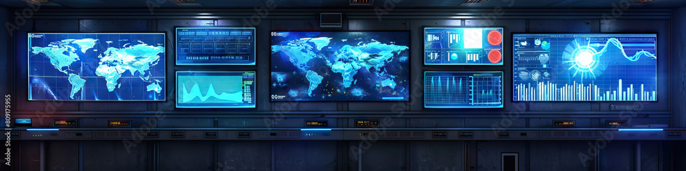 Meteorologist's Office Wall: Displaying weather maps, satellite images, and a board with weather forecast data Meteorologist's Office Wall: Displaying weather maps, satellite images, and a board with weather forecast data