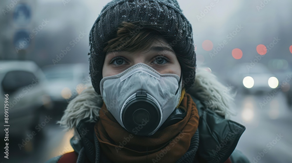 A boy wearing a gas mask stands in a polluted city. A boy wearing a gas mask stands in a polluted city.