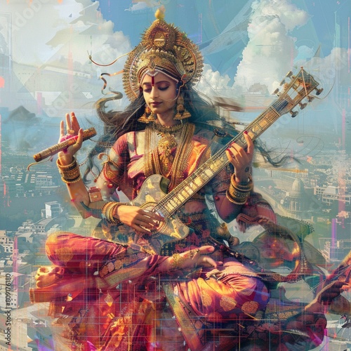 An illustration of Saraswati, the goddess of wisdom aigenerated photo. photo