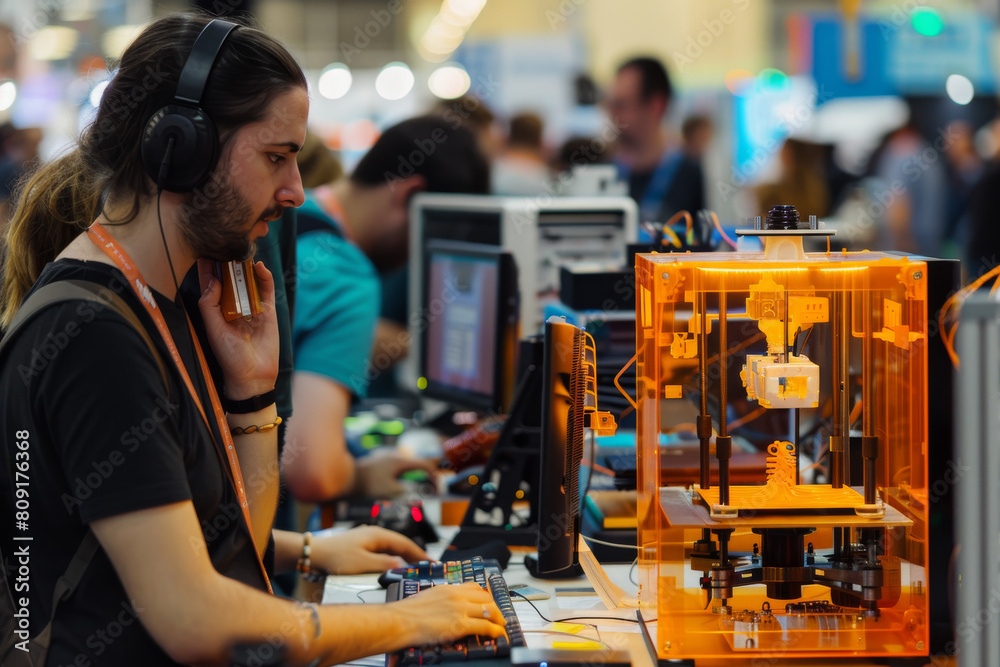 A man wearing headphones sits in front of an orange 3d printer A man wearing headphones sits in front of an orange 3d printer