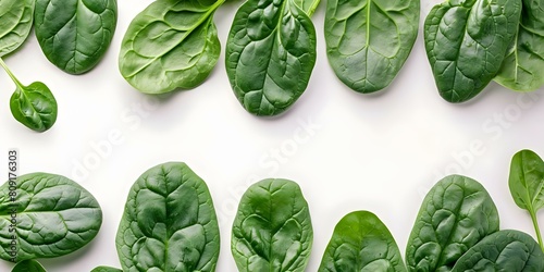 Fresh spinach leaves isolated on white background from top view for a healthy diet. Concept Spinach, Healthy Eating, Fresh Vegetables, Top View, White Background photo