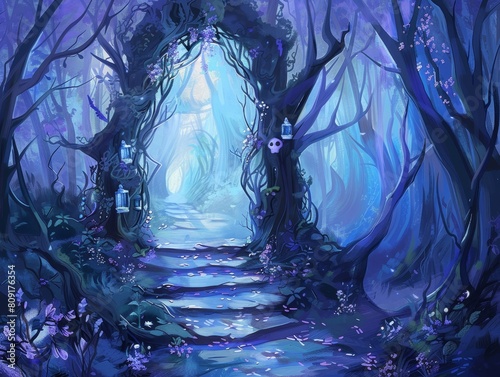Enchanted forest path at night