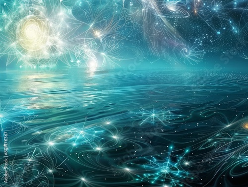Magical night sky over sparkling ocean waves